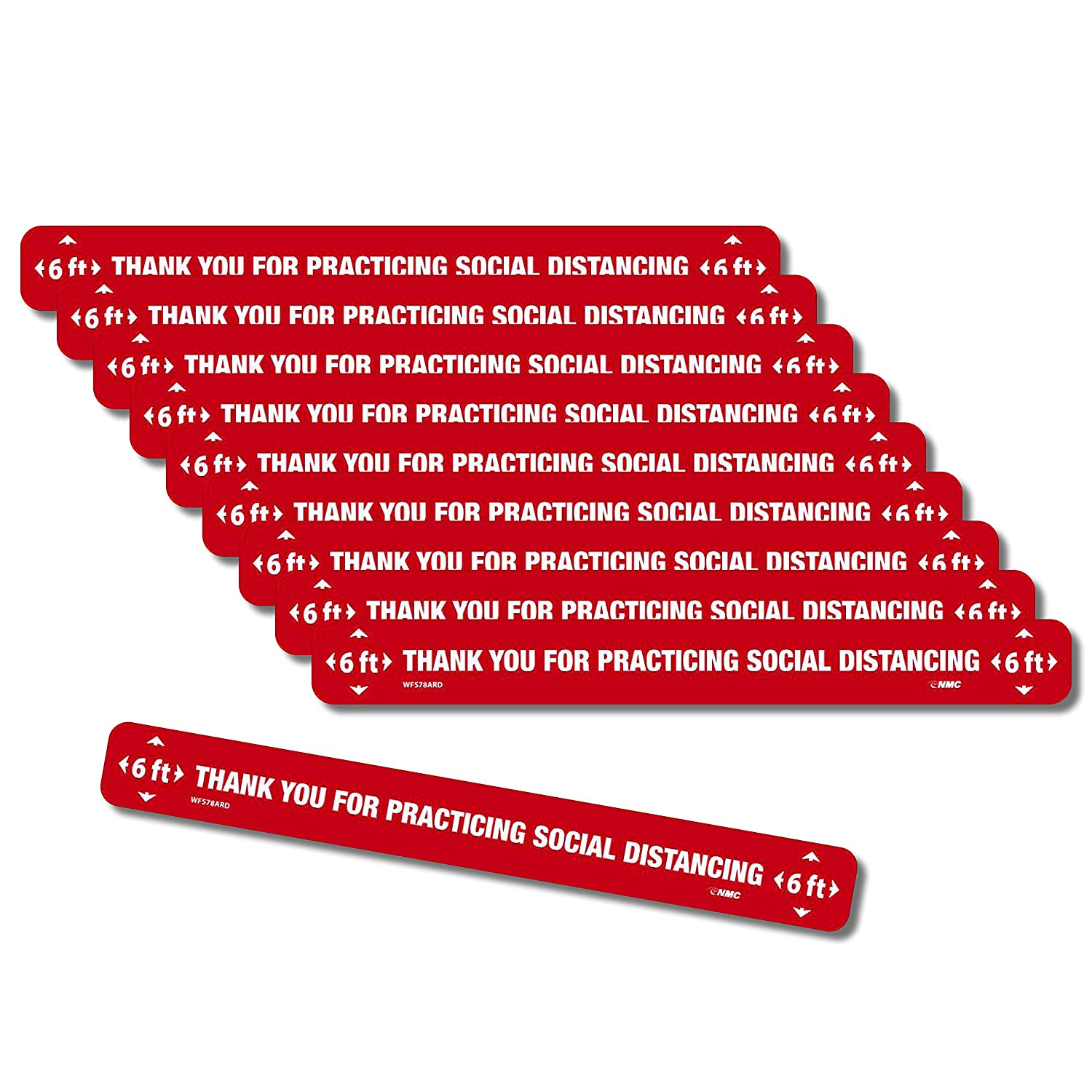 NMC WFS78TXRD10 Thank You Social Distancing, Adhesive Floor Sign, White On Red, Walk On Floor Strip, 2.25 X 20, Texwalk Vinyl, Pack of 10, Social Distancing