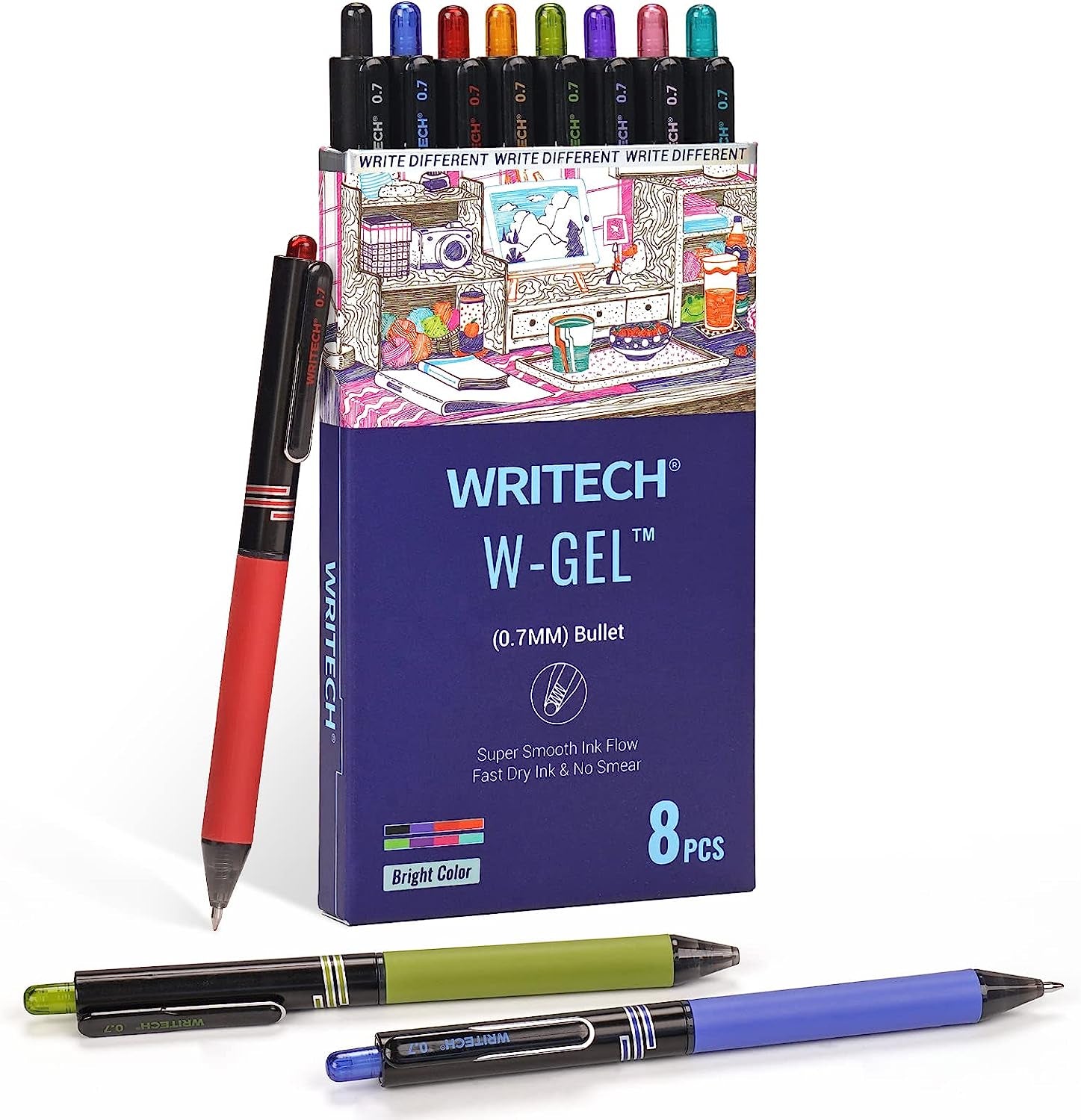 Writech Gel Ink Retractable Pens: Assorted Colors Ink 0.7mm Medium Point  Pen Set, Smooth Writing Multi Colored No Bleed Pens Bulk for Journaling 8ct