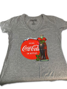 Coca Cola Women's Tis The Season V-Neck - Heather Grey, Size X-Large