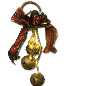Holiday Plaid Ribbon with 3 Hanging Gold Mercury Globes Ornament with Light
