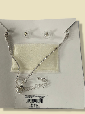Nina Art Deco Burst Collar Necklace w/Earrings Rhodium/White Cz - One Size