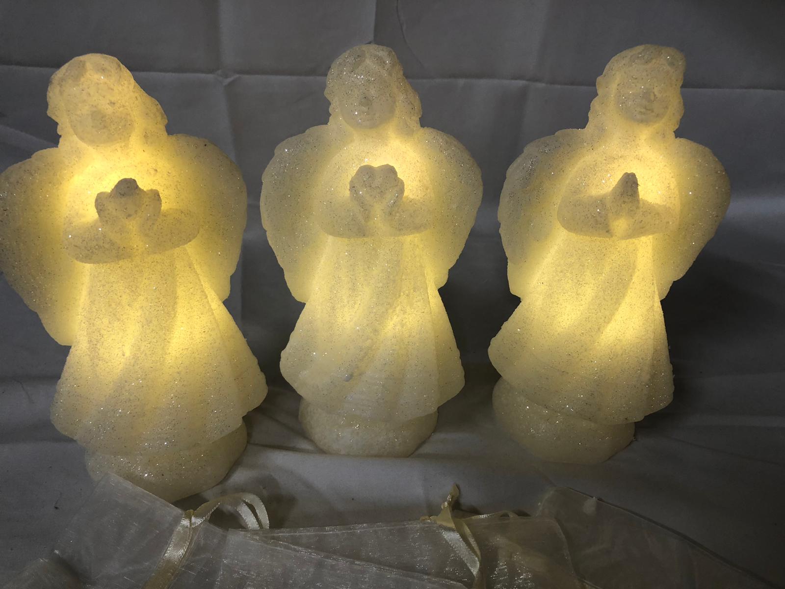 S/3 Illuminated Glittered Wax Angels with Sheer Bags by Valerie