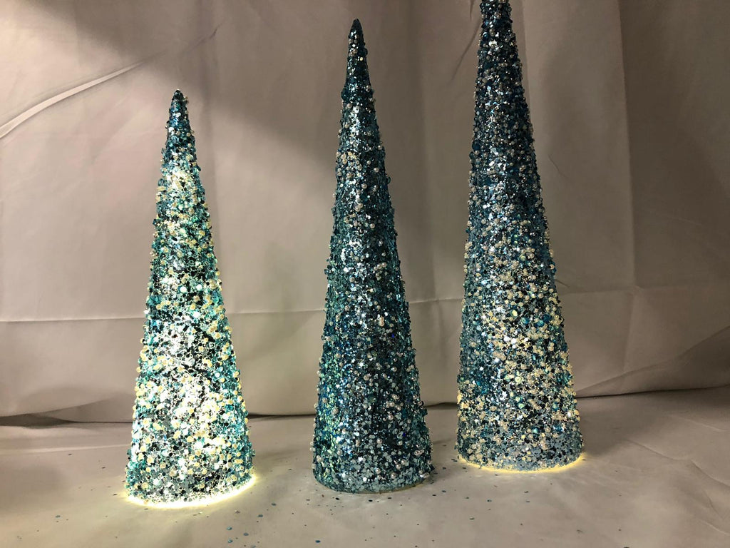 "As Is" S/3 Illuminated Beaded Decorative Cone Trees, Valerie