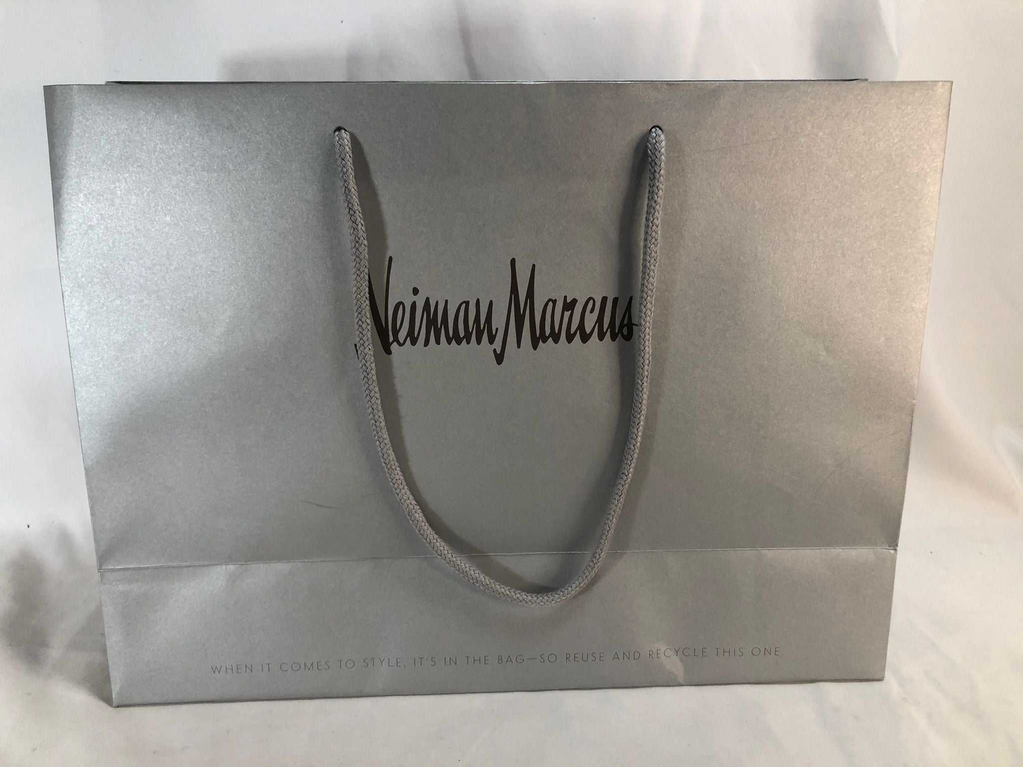 New Neiman Marcus 16 x 12 x 6 Silver Paper Shopping Bag Authentic
