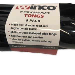 Winco 9" Plastic Tongs, Black, 6 ct