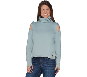 Peace Love World Turtle Neck Top with Shoulder Detail