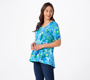 Isaac Mizrahi Live! Elbow Sleeve Floral Cascade Hem Knit Top