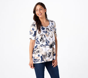 Isaac Mizrahi Live! Elbow Sleeve Floral Cascade Hem Knit Top