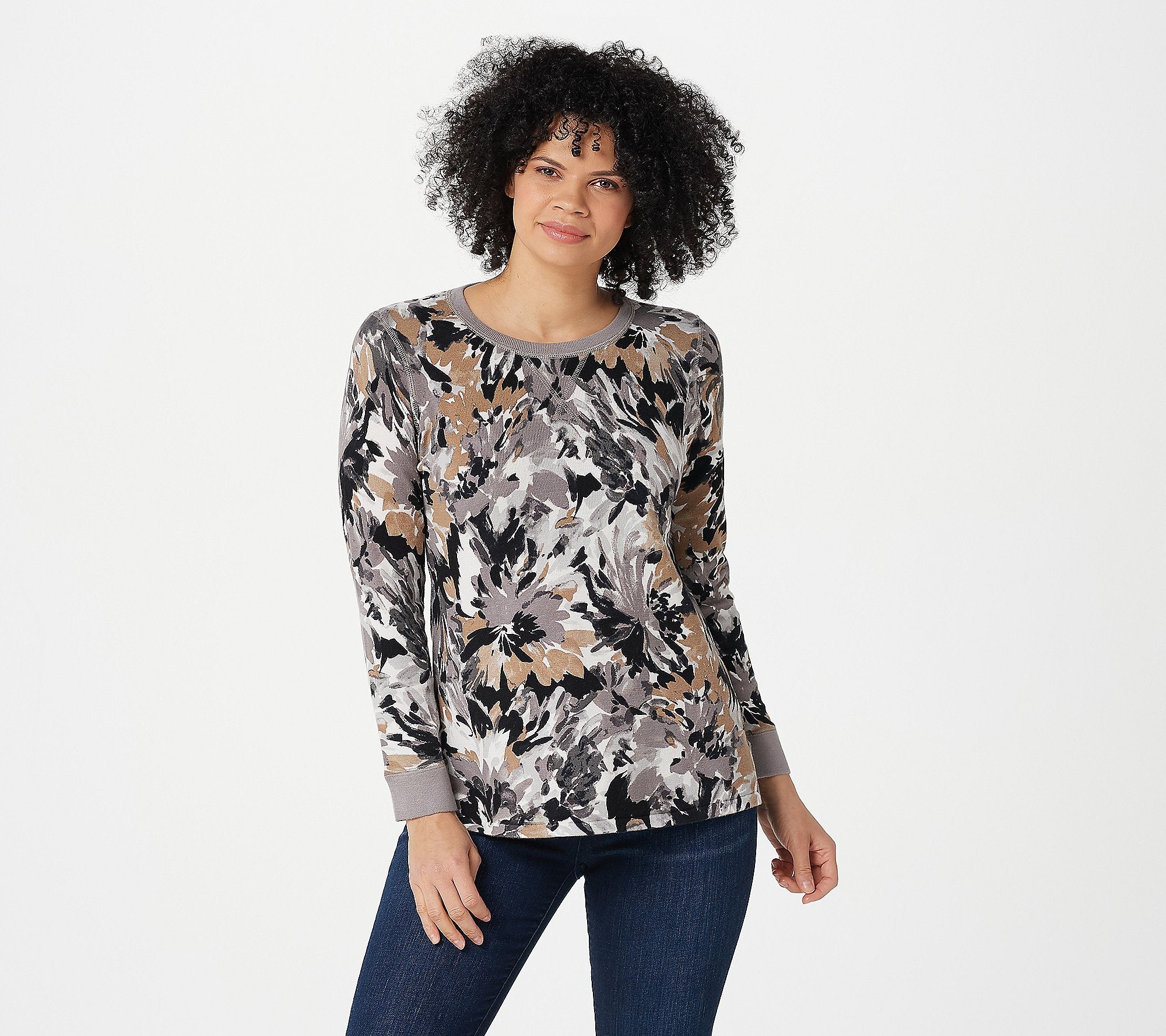 Isaac Mizrahi Live! Floral Printed Sweater with Cover Stitch Detail