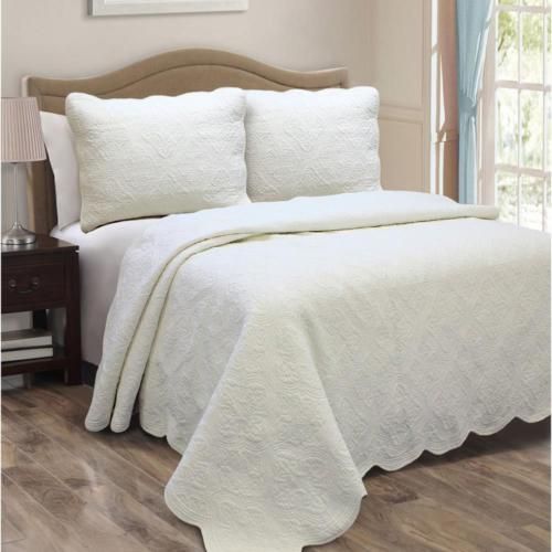 Reversible King Cotton Coverlet Set with Scalloped Edge