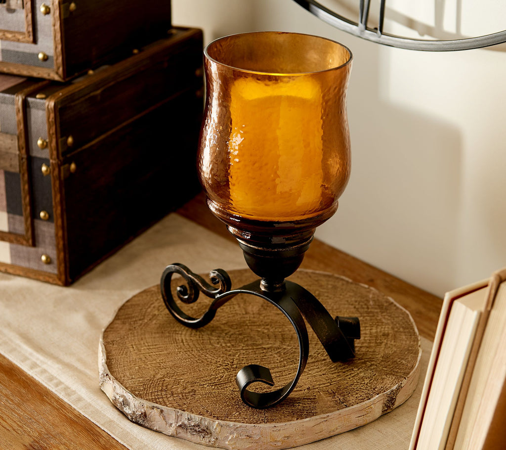 Amber Glass Hurricane with Scroll Design Pedestal by Valerie